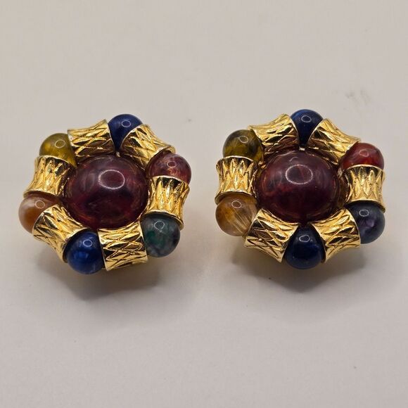 Liz Claiborne Clip-On Earrings LCI Multicolor Gold Tone Statement Chunky 80s Vtg - Picture 1 of 4